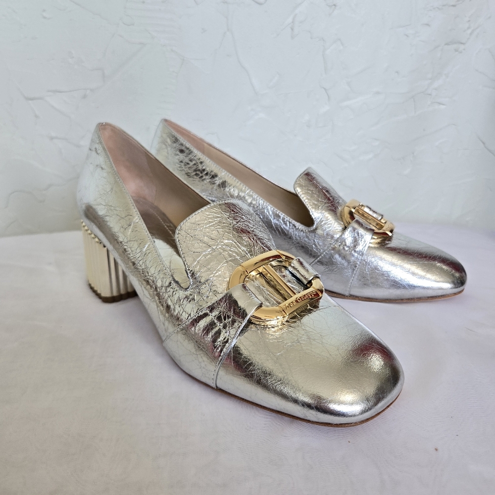 Silver Block Heel Loafers - Picture 2 of 13